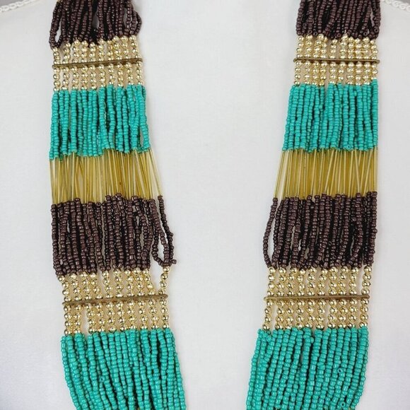 Multi Strand Tiered Seed Bead Necklace Bohemian Gypsy Style Brown Gold Turquoise - Picture 3 of 5